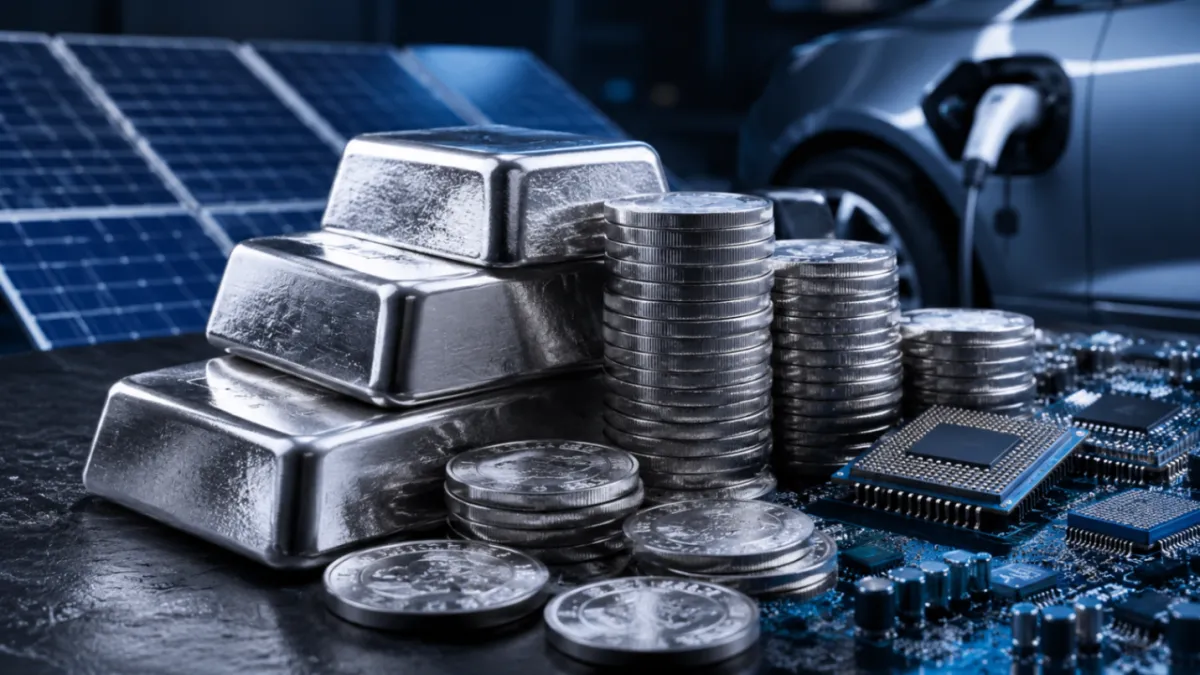 Silver coins and bars on a dark slate surface