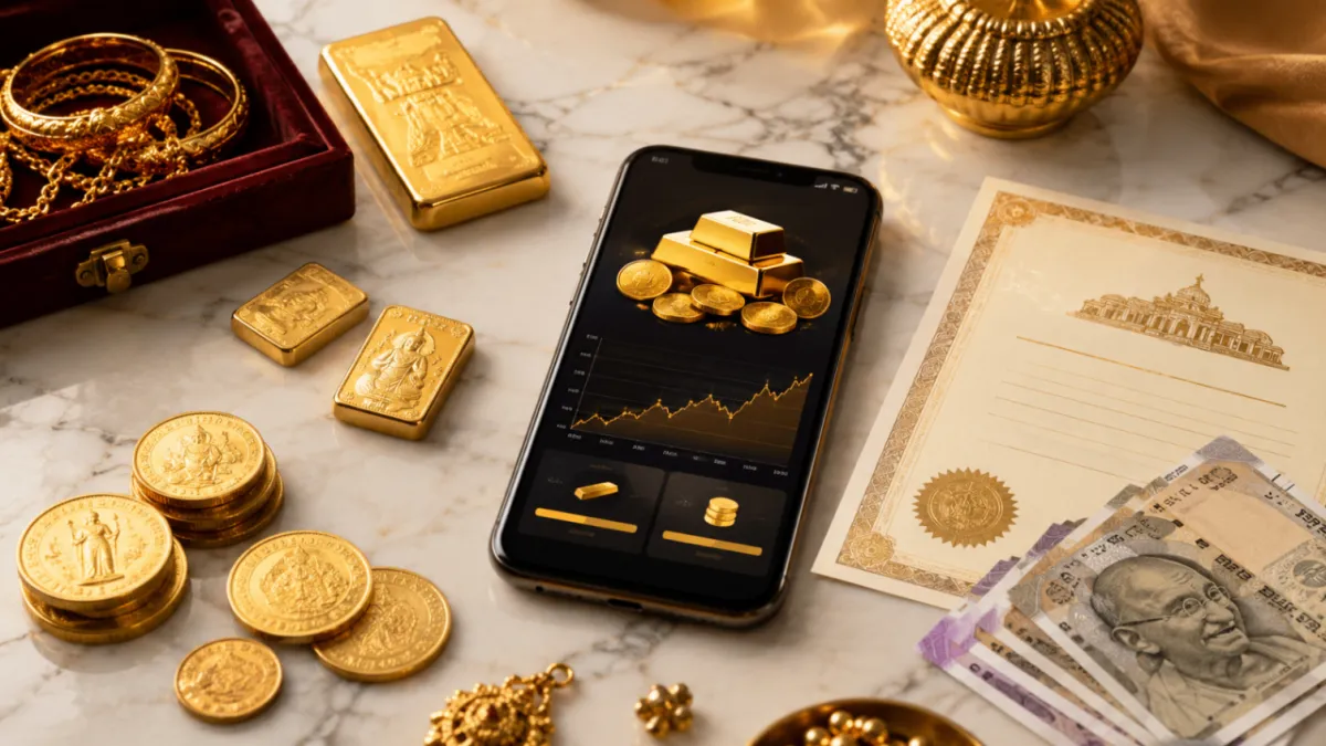 Different forms of gold investment — coins, bars and a digital gold app