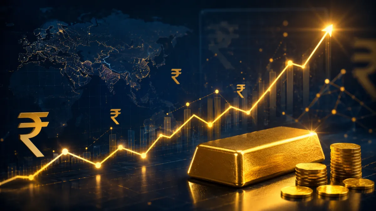 Golden gold price prediction line chart over a map of India