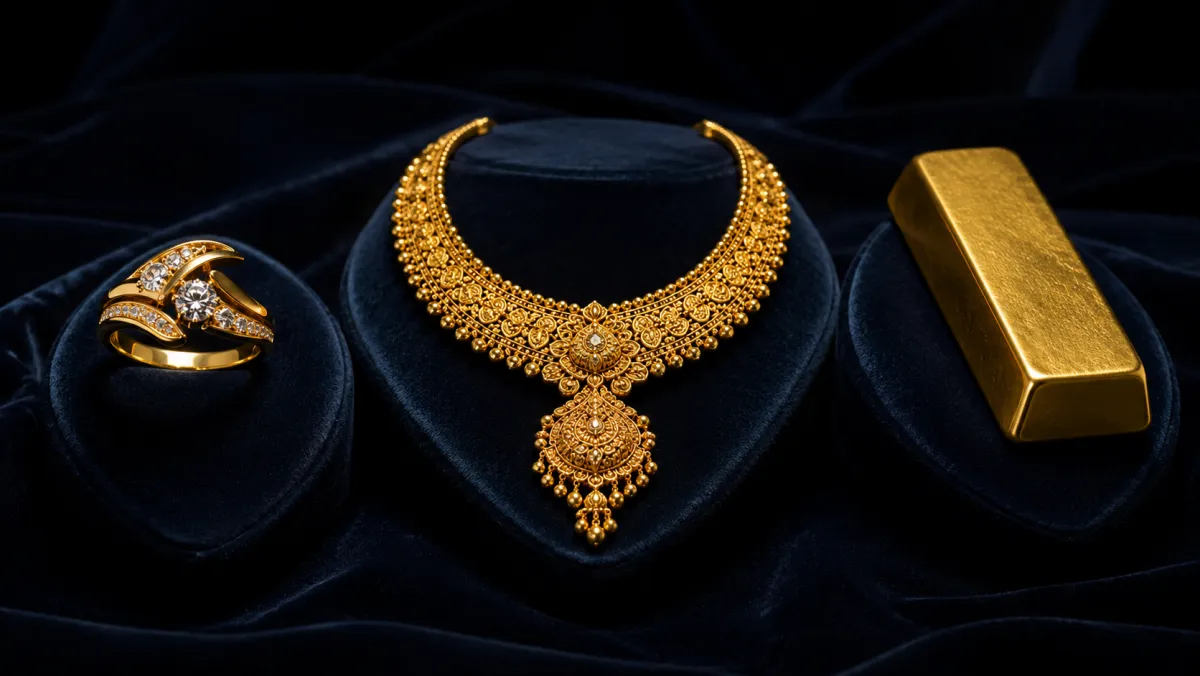 Gold ring, necklace and bar showing different gold purities