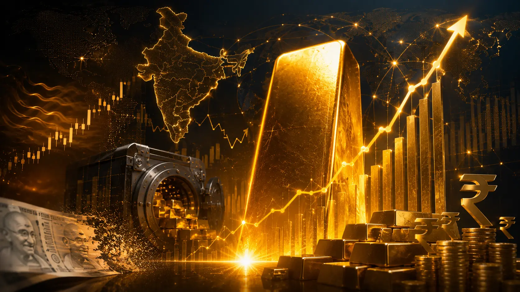 Rising gold price chart with an Indian rupee symbol and a stack of gold bars