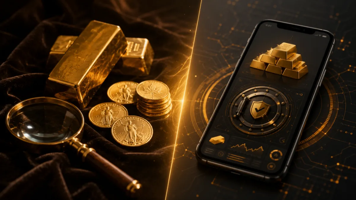 Physical gold next to a smartphone showing digital gold