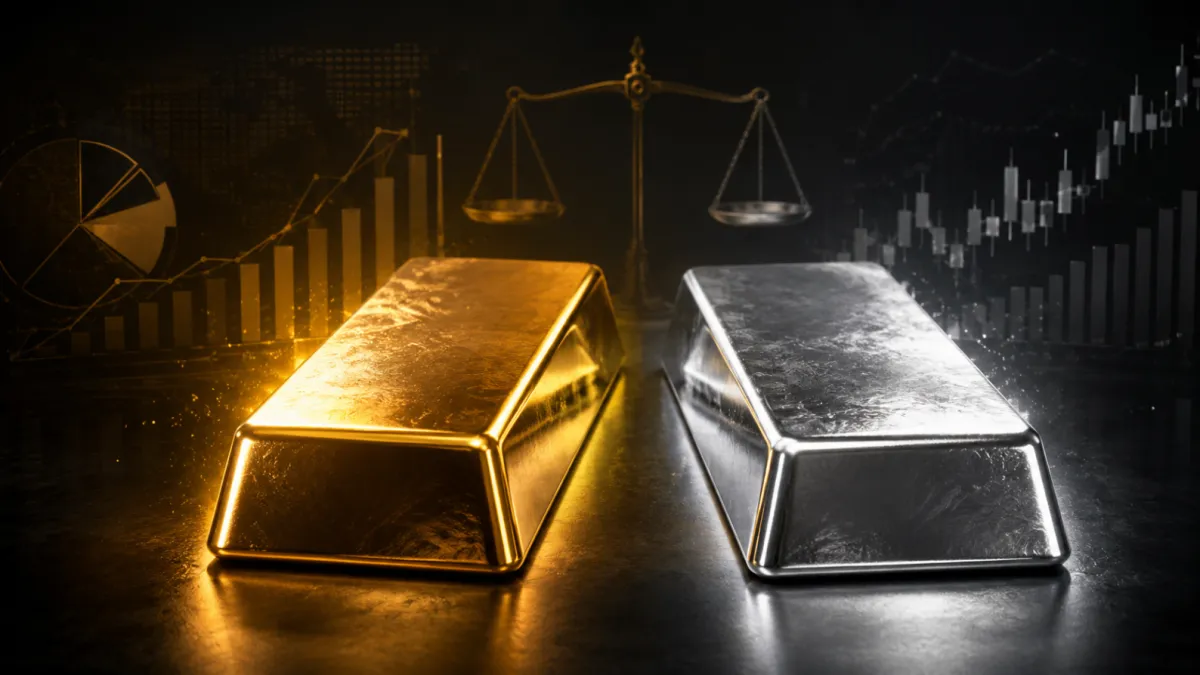 A gold bar and a silver bar side by side for comparison