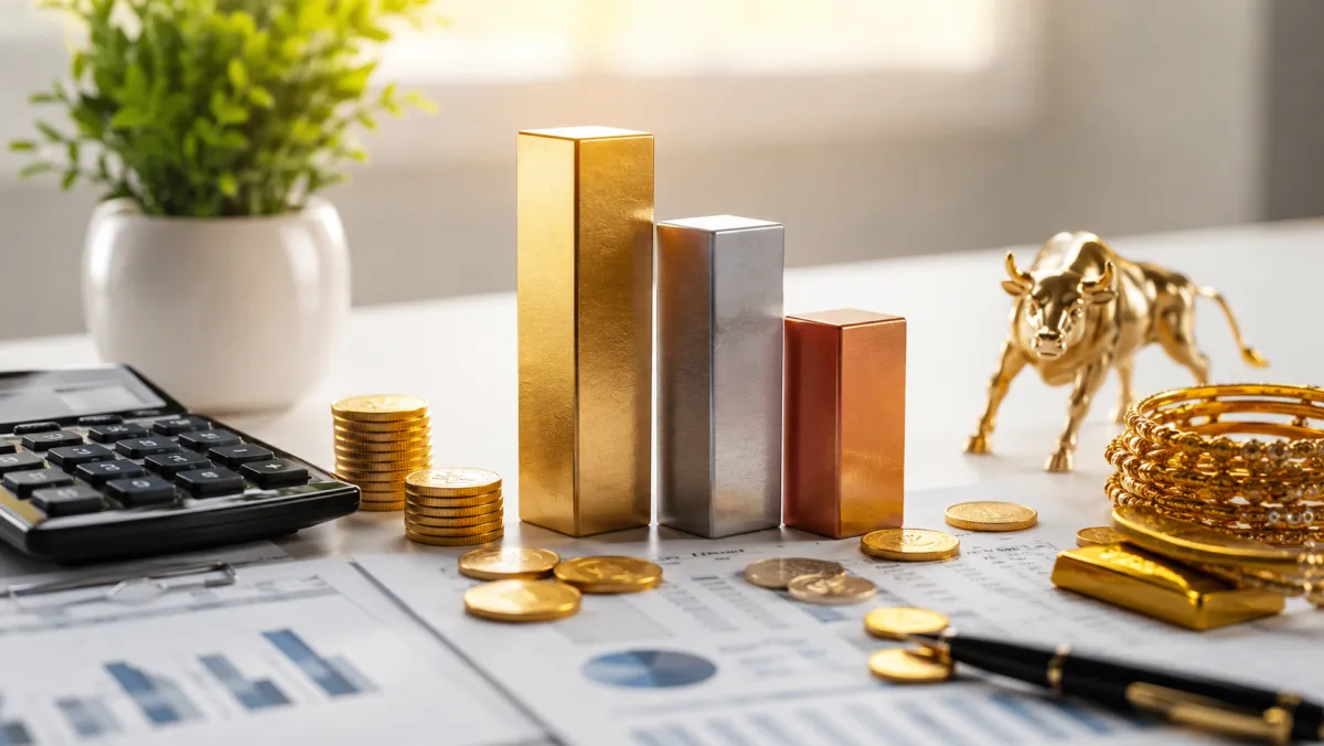 Calculator, tax form and gold coins illustrating tax on gold returns