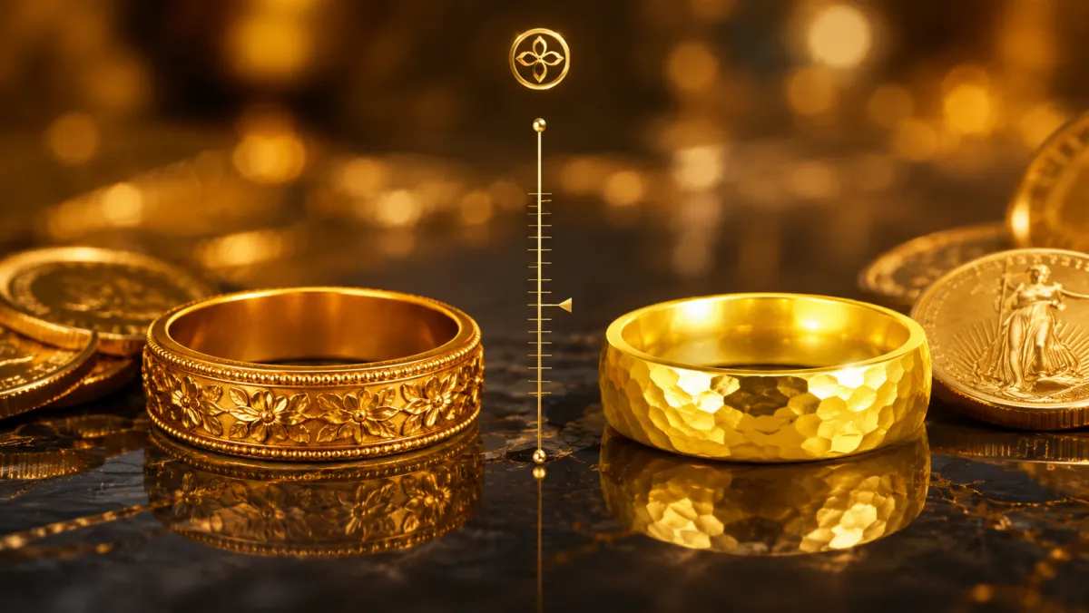 A 22K patterned gold ring next to a pure 24K gold ring