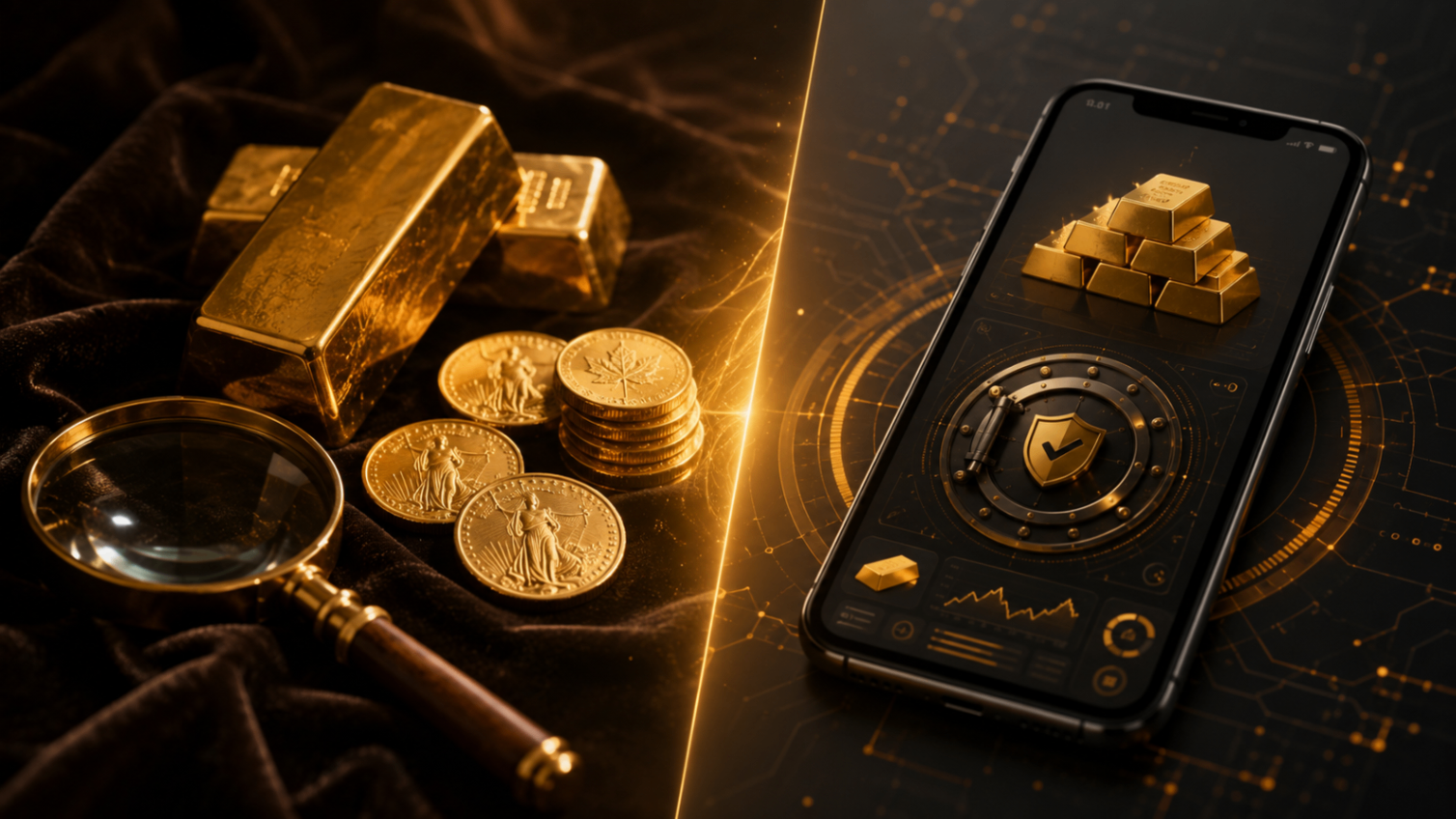 Physical gold next to a smartphone showing digital gold
